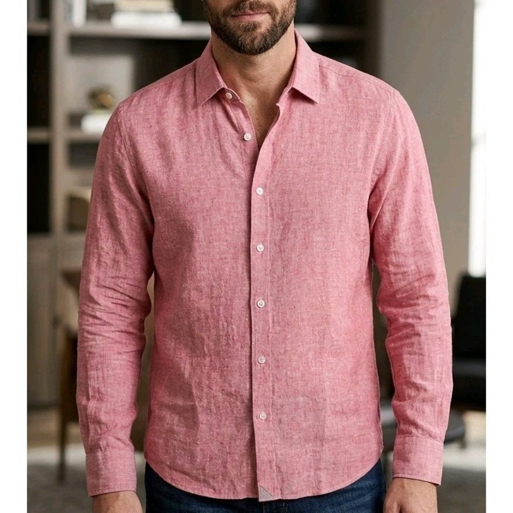 UNTUCKit Red Eberle Wrinkle-Resistant Linen Button Up L/S Shirt Men's Size M - Picture 2 of 7